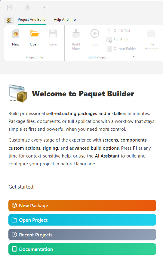 Paquet Builder welcome screen