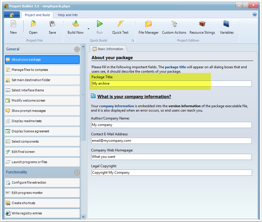 Enter the title for your package and company information if required