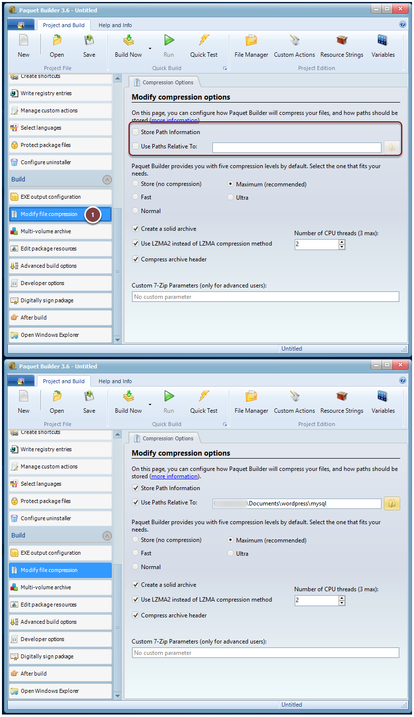 Choose Build and Modify File Compression. Then turn on Store Path Information and Use Paths Relative To. Then enter the path to the root folder (here the path to our mysql folder)